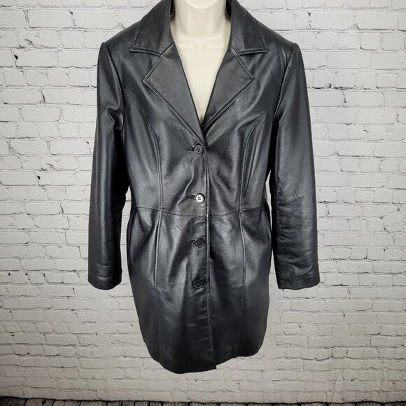 Phase Two Black Genuine Leather Buttoned Lined Inner Pocket Jacket Size Medium M - Picture 1 of 14